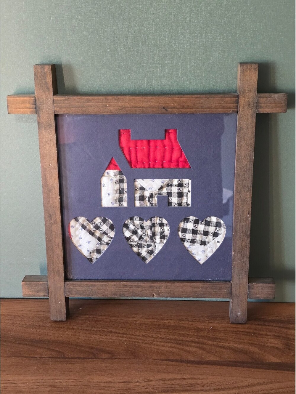 Vintage Country House Framed Quilt Scrap Wall Art Plaid Gingham
